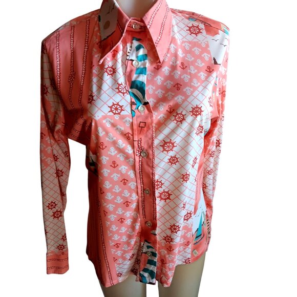 Women's 11 Vintage 1970's Disco Blouse Top JC Penney Shirt Nautical Acetate Pink - Picture 2 of 10